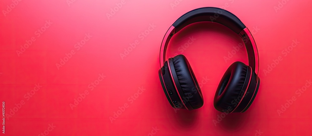 Poster wireless black and red headphones on a pink background top view copyspace for text