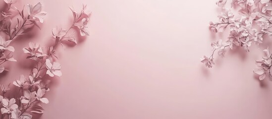 Pink blank rounded horizontal card for text mockup featuring white apple tree flowers against a pastel pink background Wedding floral banner suitable for website advertising branding identity and gre