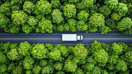 White Delivery Truck on the Road Through Green Forest, Aerial View, Logistics Concept.