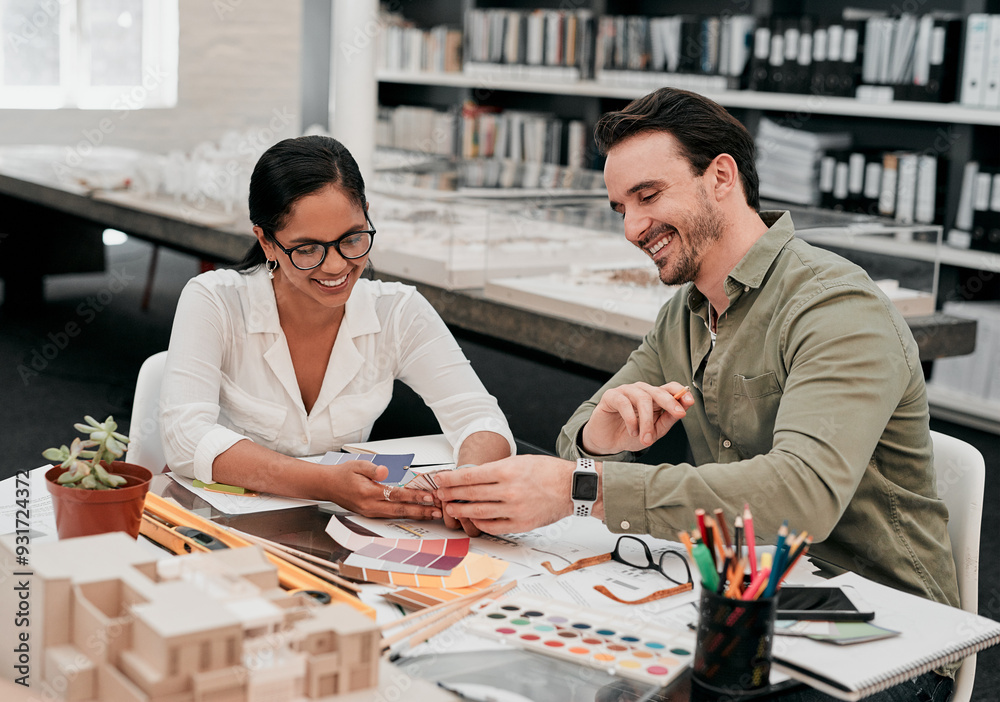 Poster woman, man and architecture with color sample at office, teamwork and paint spectrum for decision. p