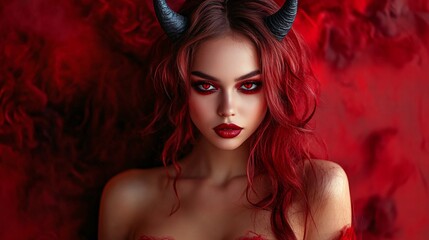 Red hair woman wearing devil horns posing on red background