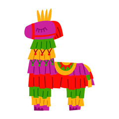Pinata is like a llama isolated on a white background. Vector flat illustration of colorful llama-shaped paper accessories for a traditional Mexican party. A children's game with sweets. © Svetlana