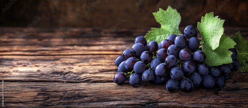 Aufkleber bunches of black grapes on a wooden table with a rustic look copy space