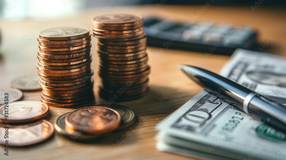 Leinwandbilder stacks of coins and cash are beside an open notebook filled with calculations, reflecting financial 