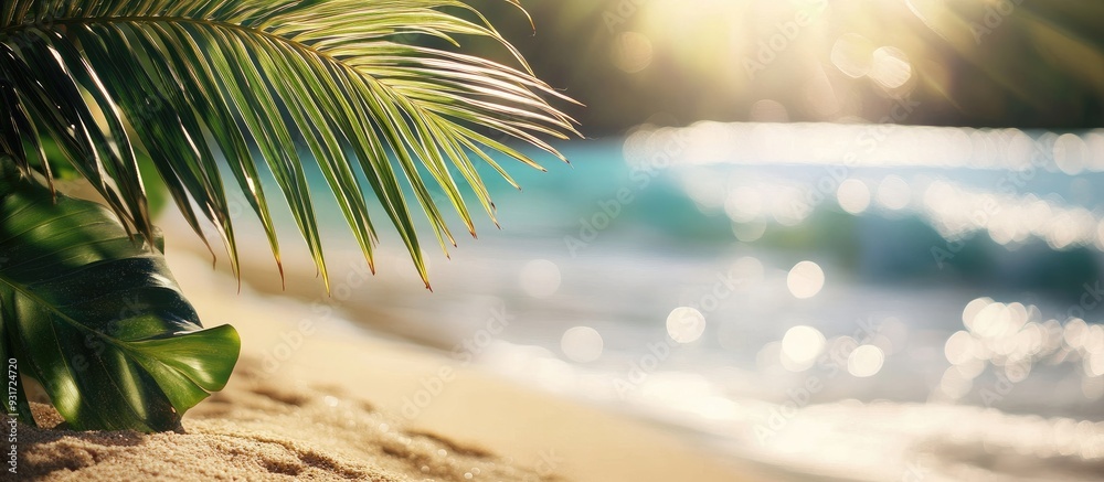 Aufkleber blurred beautiful green palm leaves on a tropical beach with bokeh sunlight and waves create an abst