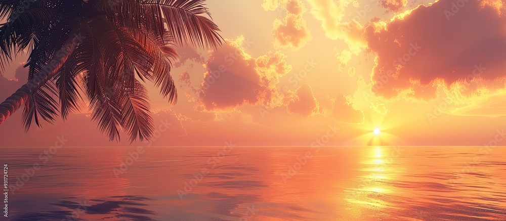 Aufkleber copy space featuring the silhouette of a tropical palm tree with sunlight against a sunset sky and a