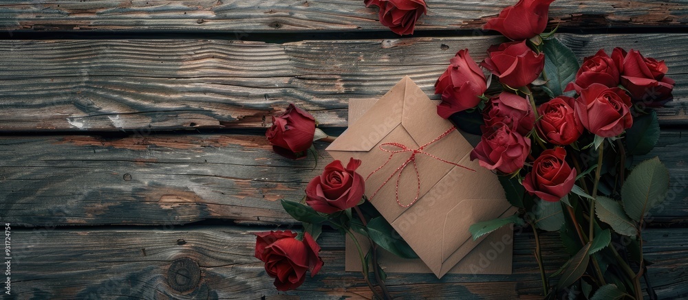 Poster Box of roses and a card on an aged wooden surface. with copy space image. Place for adding text or design