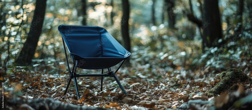 Aufkleber blue trekking folding chair in the forest. with copy space image. place for adding text or design