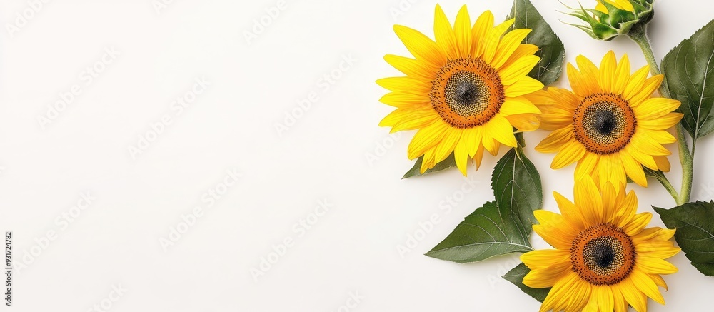 Poster Vivid summer mockup featuring sunflowers against a white background in close up. with copy space image. Place for adding text or design