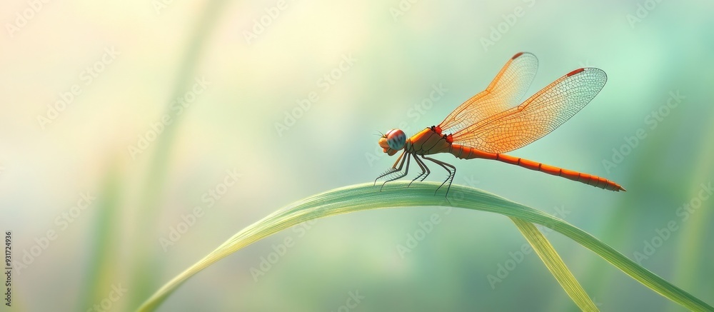 Aufkleber Orange Dragonfly resting on a blade of grass. with copy space image. Place for adding text or design