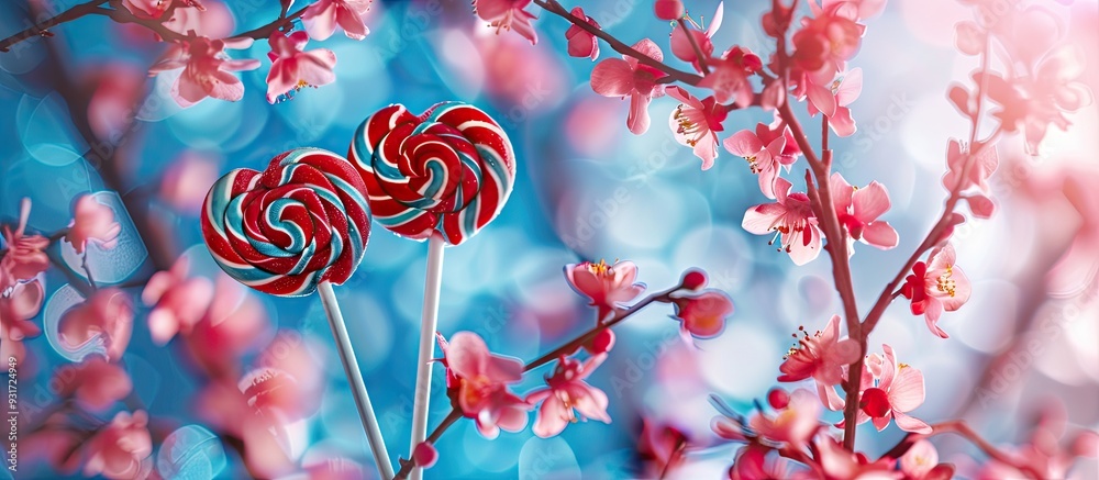 Aufkleber two heart shaped lollipops rest on red flower petals a blue background features a tree this evokes v