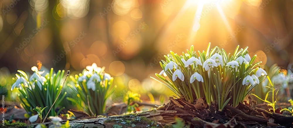 Poster Lovely snowdrops on a rustic wood background The first spring blooms in a forest The onset of spring in a woodland Wildflowers on a wooden backdrop Spring theme. with copy space image