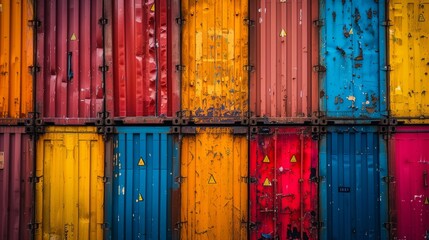 Close-up of shipping containers with vibrant colors and unique identification codes