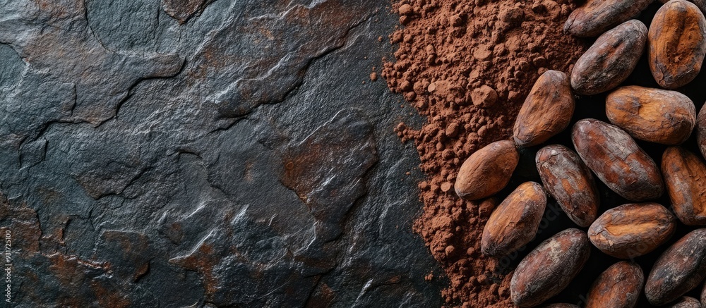 Poster Raw cocoa beans on a dark stone table Fresh cocoa powder and chocolate made from cocoa beans Banner or panorama concept. with copy space image. Place for adding text or design