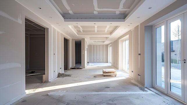 Empty living room after putty work on walls and ceiling in a new build house : Generative AI