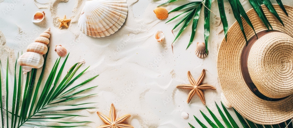 Aufkleber straw beach hat ocean shell and green palm leaf on a white summer background with copy space flat la