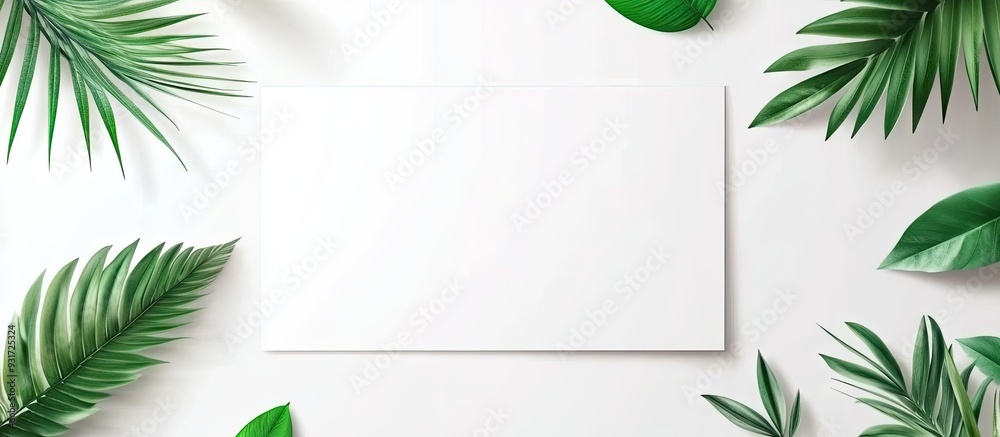 Poster blank sheet of paper and green leaf for notes. with copy space image. Place for adding text or design