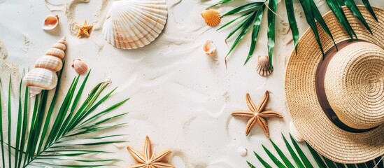 Straw beach hat ocean shell and green palm leaf on a white summer background with copy space Flat lay of beach accessories Theme for summer and travel Vintage tone filter applied