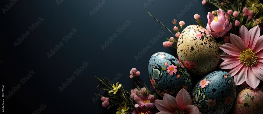 Poster easter eggs featuring flowers. with copy space image. place for adding text or design