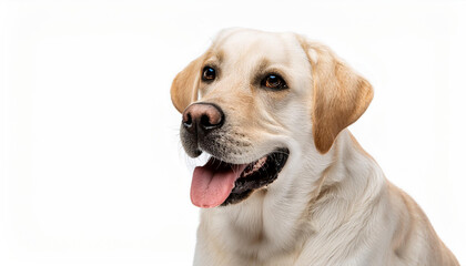 An isolated image of a friendly Labrador Retriever sitting on a white background, with its tail wagging and a happy expression, perfect for pet-themed content or family-oriented projects.