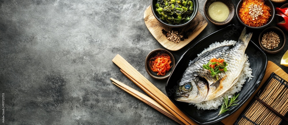 Poster Japanese cuisine sea bream and kombu rice. with copy space image. Place for adding text or design