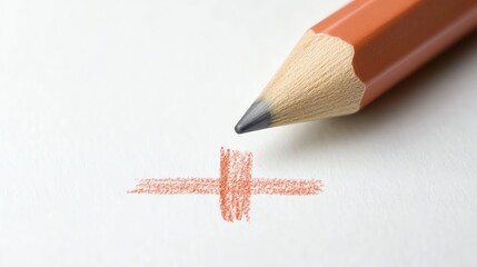 A red pencil lying on a piece of white paper with a red cross drawn.  Simple and minimalist, ready for creativity.