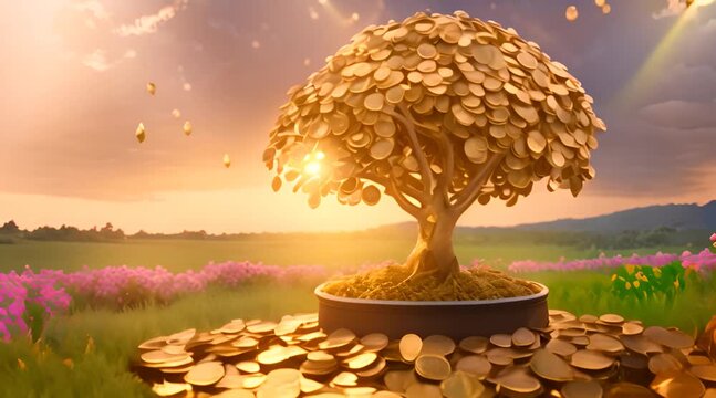 A golden money tree laden with coins, shimmering under a radiant sunset