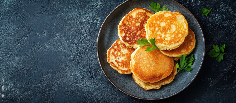 Aufkleber plate featuring delicious cottage cheese pancakes and ingredients on a grunge background. with copy 