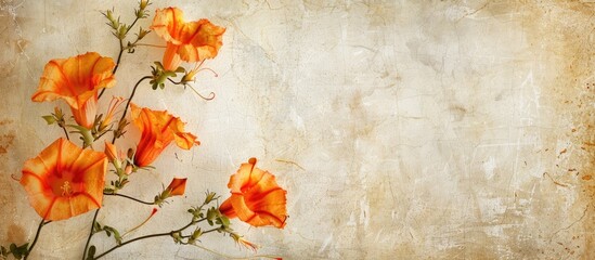 Textured aged paper background featuring an orange trumpet vine flower. with copy space image....