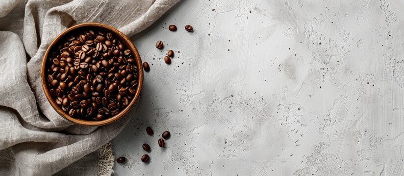 Transforming coffee from beans to cup with a white and sackcloth background flat lay copyspace