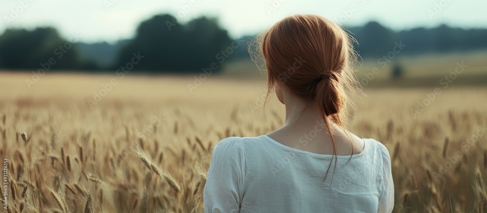 Poster young woman in a field. with copy space image. place for adding text or design