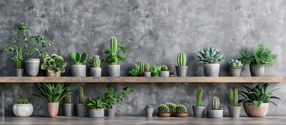 Leinwandbilder white shelf featuring different cactus and succulent plants in pots against a gray wall houseplants 