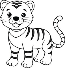 A delightful tiger coloring book page for children, with cute and simple black-and-white illustrations.
