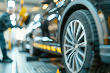 blurred shot of mechanic aligning a car's wheels using a laser alignment machine