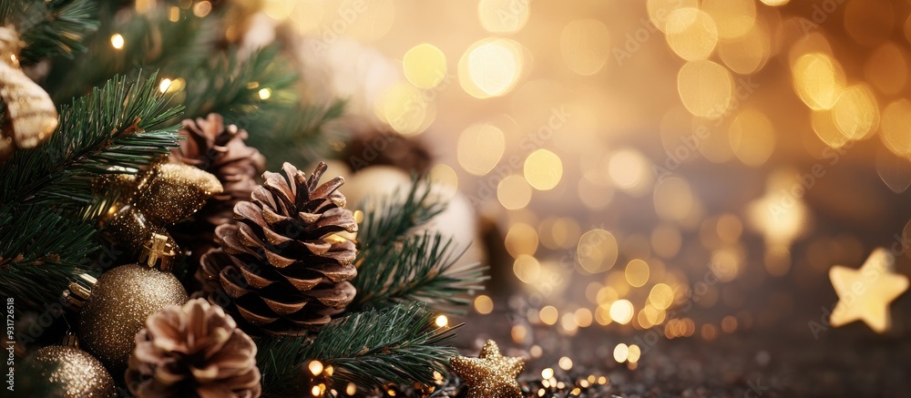 Poster Christmas decor featuring pine cones and ornamental gifts with a golden star bokeh backdrop. with copy space image. Place for adding text or design
