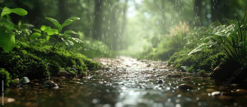 Poster wild nature in a moist climate background with selective focus and copyspace for text