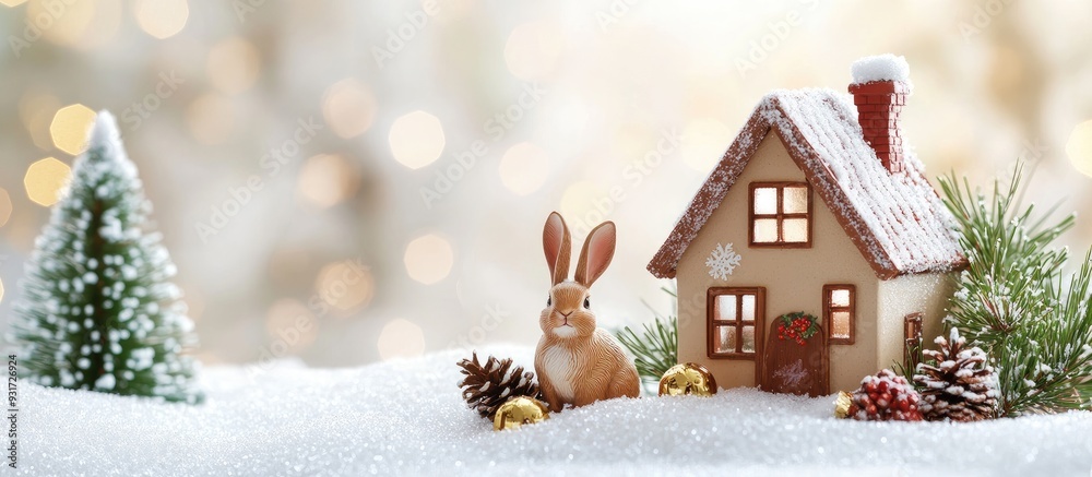 Fototapete christmas toy house with bumps and a rabbit on a white background. with copy space image. place for 