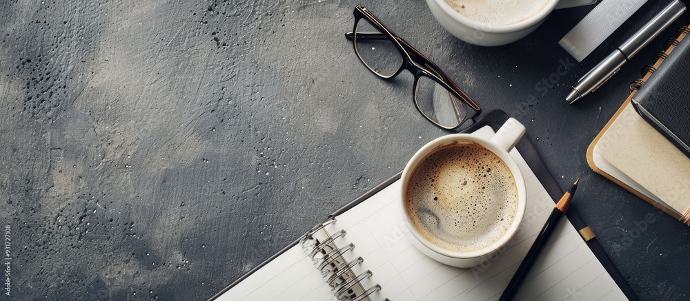 Aufkleber contemporary office desk with a notebook and various supplies alongside a coffee cup blank page in t