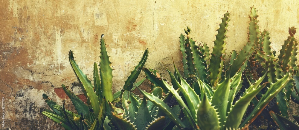 Poster textured vintage paper background featuring a christmas cactus. with copy space image. place for add