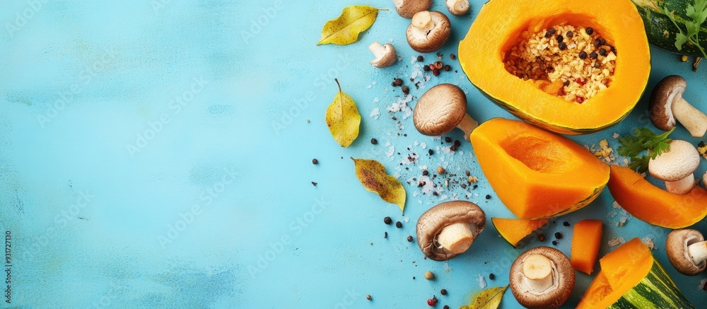 Poster ingredients for making indian curry using vegetables pumpkins and mushrooms on a blue background alo