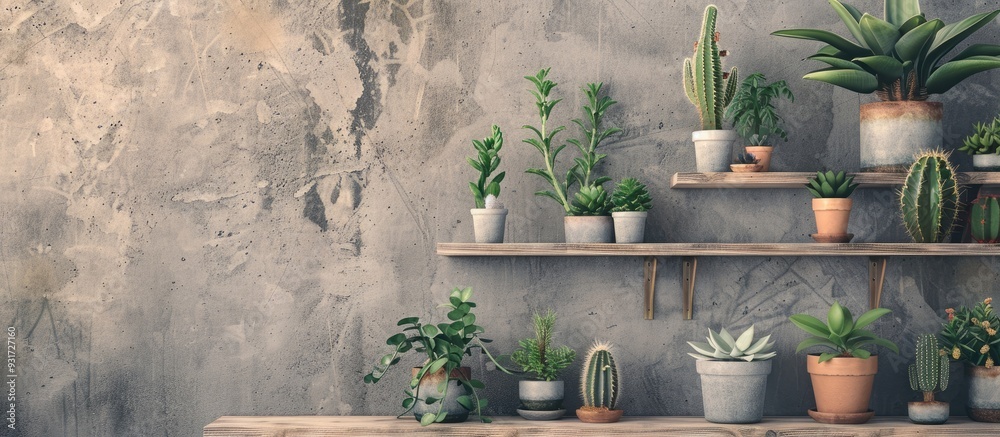 Leinwandbilder white shelf featuring different cactus and succulent plants in pots against a gray wall houseplants 