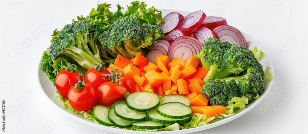 Poster miniature arrangement of colorful vegetables on a white plate. with copy space image. place for addi