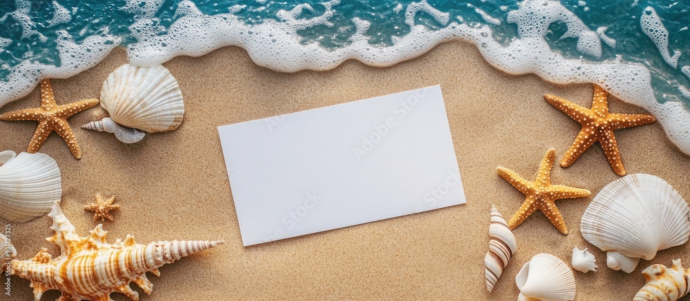 Poster holiday beach theme featuring shells sea stars and a blank postcard. with copy space image. Place for adding text or design