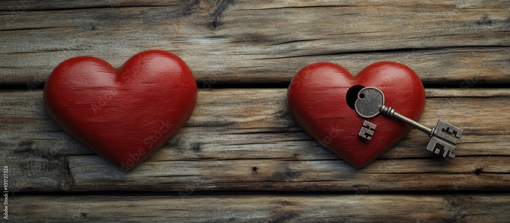 Poster two red hearts for a wedding featuring a key and a keyhole as symbols of love set against a wooden b