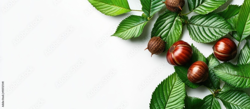 Poster chestnuts and curly leaves in green isolated on a white background. with copy space image. place for