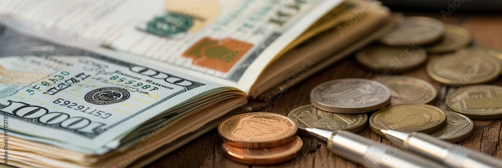 Fototapete cash and coins are arranged next to a notebook filled with notes and calculations, emphasizing caref