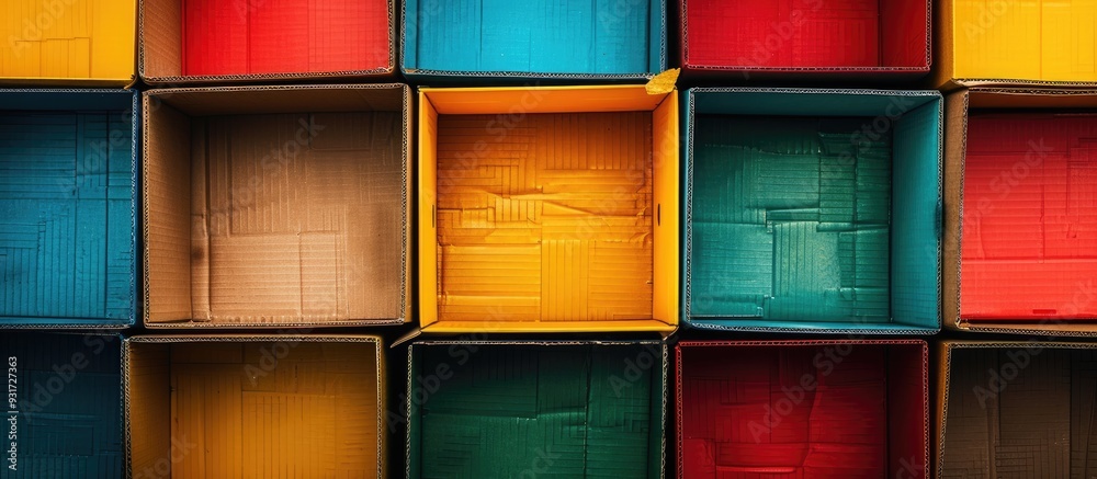 Poster Empty cardboard boxes on a colored background. with copy space image. Place for adding text or design