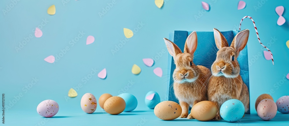 Aufkleber Easter bunny in a paper bag Blue backdrop Easter concepts Easter eggs Room for text. with copy space image. Place for adding text or design