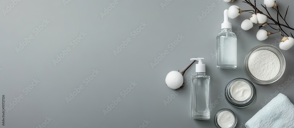 Poster top view of facial care products bottles and jars of tonic micellar cleansing water cream and cotton
