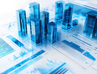  financial data, graphs and charts on white background with blue elements, glass buildings